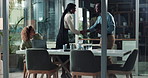 Business people, meeting or handshake with colleagues for greeting, introduction or company startup in boardroom. Businessman, women or shaking hands for b2b negotiation or corporate growth at office