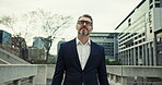 Mature, business and man in city outdoor for morning commute, corporate career and lawyer ambition. Male attorney, walking and thinking with urban travel, professional opportunity and zoom of journey