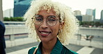 Outdoor, woman and face with smile as employee in city for commuting with pride and confidence in New York. Female person, urban and happiness on portrait with traveling to work for job and career