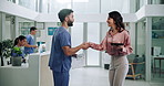 Medical, team discussion and handshake in hospital for greeting, meeting and planning. Nurse, shaking hands and collaboration in clinic for business, healthcare documents and tablet for partnership