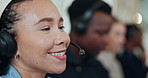 Woman, call center and happy with talking, headset and contact us for tech support at night in office. Person, agent or consultant with computer, advice and mic for customer service with voip at job
