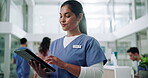 Healthcare, woman and nurse with tablet for reading, diagnosis results and online medical record in clinic. Hospital, female person and employee with digital for information, test report or checklist