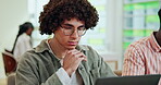 University, student and thinking with laptop for education, studying and research for thesis solution. Journalism class, man and reading with glasses for article project, editing proposal and typing