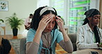 Headache, education and laptop with woman in study hall for learning, online test and student project. Burnout, research deadline and fatigue with person in college for mental health, tired or stress