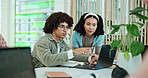 Laptop, business people and collaboration, training or planning in creative startup. Computer, team and mentor coaching intern for help with article, teaching or content writing for eco friendly blog