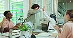 Team, applause and businessman celebrate in meeting for success, promotion or high five. Leader, happy group or clap for support, congratulations or handshake for goal achievement in creative startup