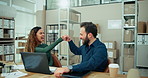 Man, woman and fist bump with celebration for shipping, distribution and small business courier service. Ecommerce, laptop and people with supply chain for online shopping, logistics and order