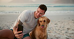 Man, selfie and happy with dog at beach on vacation, memory and profile picture on web in summer. Person, animal or pet labrador with photography, hug and smile for post on social network in Brazil