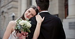 Face, wedding and couple with care, hug and relationship with commitment, smile and trust. Portrait, outdoor and bride with groom, embrace or bouquet with marriage, love and ceremony with celebration