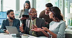 Teamwork, office and business people on laptop in meeting for online planning, project and collaboration. Corporate, company and men and women on computer for website ideas, feedback and email