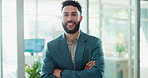 Arms crossed, smile and suit with business man in office for corporate or professional career. About us, company and portrait of confident employee in workplace for job satisfaction or pride