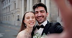 Couple, wedding and kiss with selfie in city with memory, happy and excited for future together on sidewalk. People, bride and groom with photography, love and care for post on social media in Greece