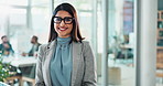 Laugh, corporate and face of business woman with comedy, humor and funny joke at work. Thinking, professional worker and portrait of person smile for confidence, company pride and happy in office