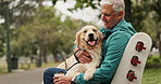 Park, love and senior man with dog outdoors for exercise, training and animal care in morning. Happy, pet and mature person with Labrador on bench for wellness, health and bonding together in nature