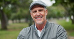 Happy, nature and face of senior man outdoor in park with positive attitude for retirement plan. Smile, excited and portrait of elderly male person from London with finance security for pension fund.