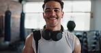 Happy, fitness and face of athlete in gym sweating with workout, bodybuilding and training. Sports, smile and portrait of young man from Canada with body exercise for wellness in health club.