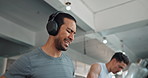 Man, exercise and check watch on treadmill at gym with headphones, speed or music at fitness club. Person, machine or challenge with streaming, subscription or listen for workout, training or running