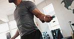 Hands, skipping rope or man jumping in gym with fitness for body, training and cardio exercise in challenge. Action, agility movement or motion of athlete with wellness, mobility workout or energy