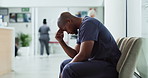 Stress, black man and doctor in hospital with mistake, crisis or burnout for medical service. Headache, fatigue and male surgeon with exhaustion, error and emotions for healthcare fail in clinic.