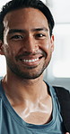 Gym, man and face with smile, sweating and wellness with sport bag and fitness. Happy, portrait and health center with confidence and athlete from Brazil at boxing club with pride from workout