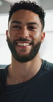 Face, man and fitness with sweating, smile and happy from exercise and training at gym. Workout, sport and portrait at wellness center with health, confidence and break of athlete from Brazil