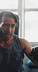Energy, boxing and man in gym with coach for exercise, challenge or competition training. Power, muscle and champion boxer in punching workout with personal trainer, fight and fitness in sports club
