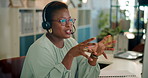 Call center, communication and black woman agent in office for inbound crm, sales and telemarketing. Customer support, headset and African advisor with multilingual technical service for translation.