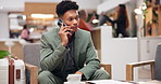 Hotel, lounge and man with phone call, travel and relax with coffee at reception on business trip. Hospitality, accommodation and businessman in lobby with smartphone, luggage and conversation
