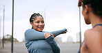 Fitness, women or stretching in city for wellness, exercise warm up or arm muscle relief. Personal trainer, client or start workout in Brazil with ambition, commitment or talking for lose weight goal