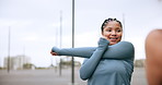 Fitness, woman or stretching in city for exercise, warm up or arm muscle relief with instructor. Personal trainer, girl or workout in Brazil with ambition, commitment or talking for lose weight goal
