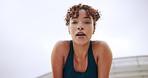 Girl, sweat and face in recovery for outdoor workout, exercise and wellness with fatigue. Female person, portrait and below as athlete for health, challenge and training with fitness or sports in USA