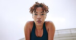 Woman, sweat and face in recovery for outdoor workout, exercise and wellness with fatigue. Female person, portrait and below as athlete for health, challenge and training for fitness or sports in USA
