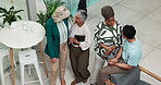 Collaboration, conversation and tablet with business people in lobby of office together for planning from above. Feedback, meeting and technology with employee team in workplace for web development
