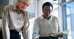 Women, book and notes for meeting in office, feedback and support team for problem solving. People, talking and plan in journal to schedule agenda, conversation and manager for brainstorming ideas