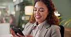 Office, night and happy woman with smartphone for joke, text message and notification from contact. Chat, female person and smile with mobile for online update, digital client and reading information