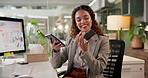Credit card, phone and businesswoman in office with online shopping, ecommerce or black friday sale. Technology, bank account and female person buying discount or promotion on break in workplace.