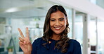 Face, business and girl with peace sign in office for career confidence, about us and creative designer. Smile, woman and hand gesture for pride, startup ambition and friendly attitude of opportunity