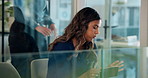 Woman, anxiety and document in waiting room of interview process, job vacancy and resume information. People, walking and paperwork for legal cv, recruitment schedule and hiring survey of opportunity