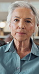 Senior woman, depression and face at therapy with bad memories, reliving trauma and thinking for mental health. Elderly patient, portrait or talking in psychologist office with POV, anxiety or stress