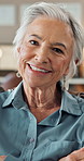 Senior woman, face and happy with talking for therapy, consultation and arms crossed at mental health clinic. Person, smile and conversation in portrait with progress, help and support in Germany