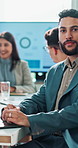 Business, man and face in meeting with laptop for typing minutes, budget conference and financial summary. Finance administrator, portrait or feedback on proposal review and company investment update