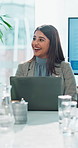 Business, woman and meeting with laughing in office for funny feedback, discussion comedy and collaboration. Happy, accountant and laptop with presentation, financial report and joke of proposal idea