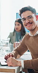 Businessman, smile and face in meeting with laptop for minutes, budget planning and financial summary. Finance administrator, portrait and feedback on work proposal and company investment update