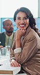 Business woman, smile and face with budget, meeting and planning for financial summary. Happy finance administrator, portrait and workplace feedback on work proposal and company investment update