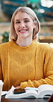 Happy woman, designer and books with notes for creative writing, startup or project schedule at office. Portrait, female person or young journalist with smile or documents for planning or development