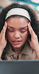 Stress, headache and business woman with overwork, chaos or deadline pressure in startup office. Tired, workload and frustrated employee with migraine, mental health challenge and anxiety for burnout