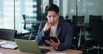 Tablet, planning and thinking with businessman in office for administration, report or research. Japanese accountant, laptop and problem solving with employee for financial goals management online