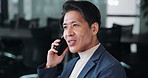 Japanese, corporate and man with phone call in office for talking, investment advice and negotiation. Male banker, mobile and discussion with finance planning, investor schedule and proposal in Japan