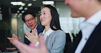 Happy, asian people or applause with business meeting for presentation, seminar or congratulations at conference. Excited, group or employees clapping with smile for good job or team success in Japan