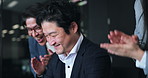 Happy, asian people and celebration with applause for winning, good news or investment at office. Excited, businessman and team clapping with smile for success, business deal or profit in Japan trade